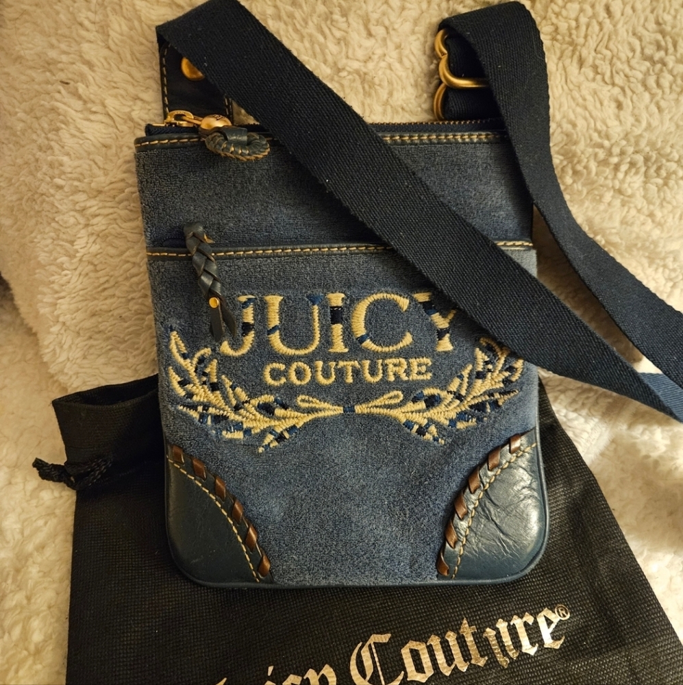 Juicy Couture Vintage Y2K Terry Cloth Blue Color Crossbody Bag Brass Hardware